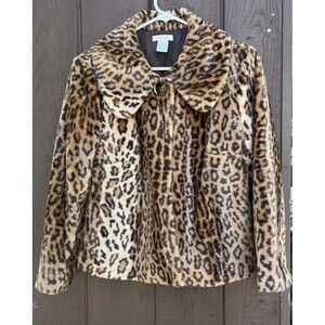 LAURA ASHLEY Women's Faux Fur Leopard Jacket Cropped Cape Lined Size Medium